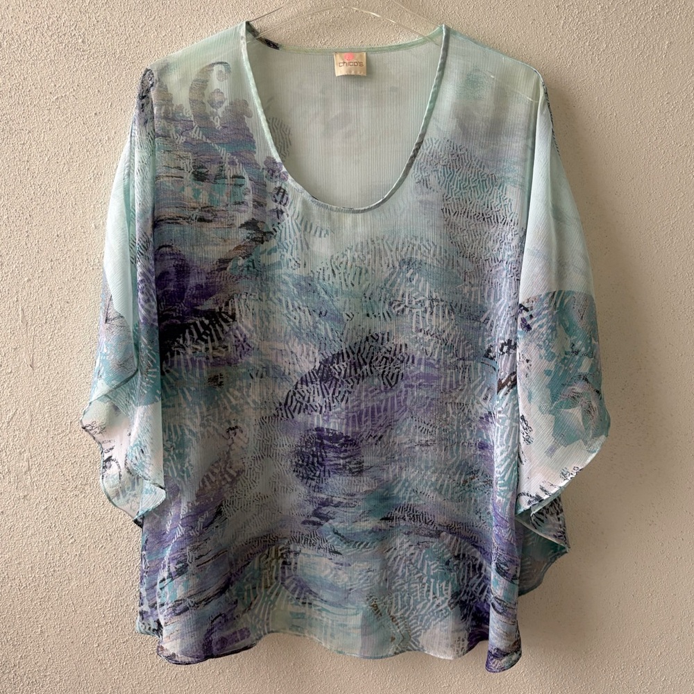 Chico’s L Popover Poncho Style Overlay Top Scoop Neck Flowy Fairy Sheer Abstract